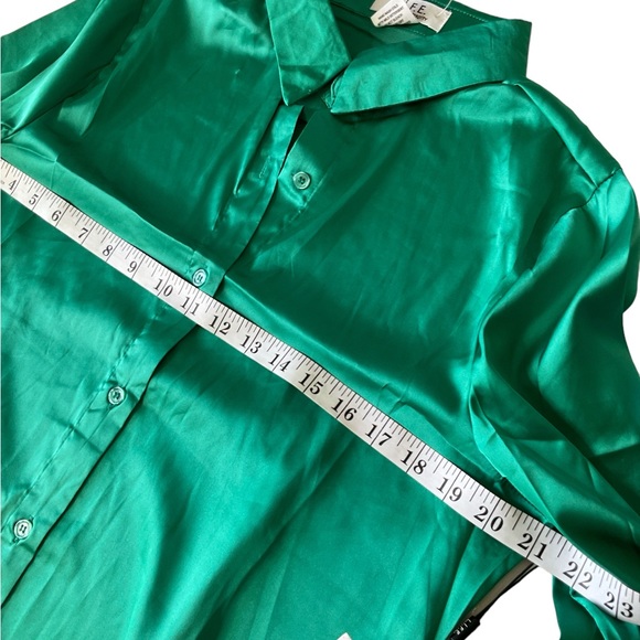 L.O.V.E. Green Button Down Blouse Large Satin Love Is For Eternity Feather Trim - Picture 2 of 6